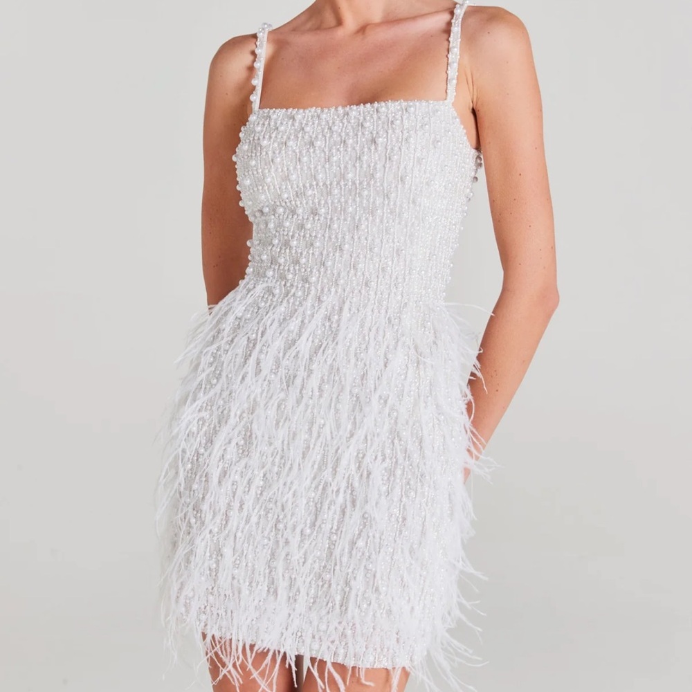 White Beaded Feather Mini Dress - Perfect for Reception